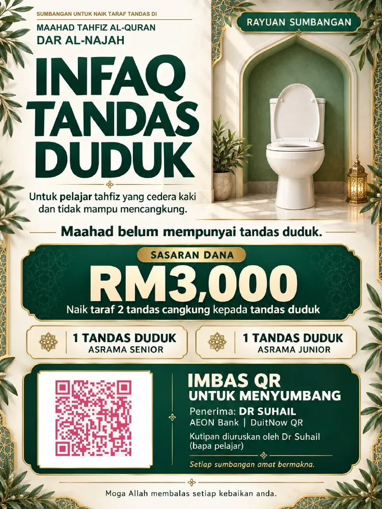 Poster asal kutipan Infaq Tandas Duduk Dar Al-Najah, sasaran RM3,000